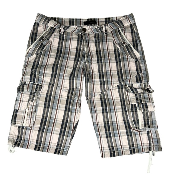 Fried Denim Other - Fried Denim Mens Plaid Cargo Shorts Blue Grey‎ White Cotton 34 Utility G-Unit